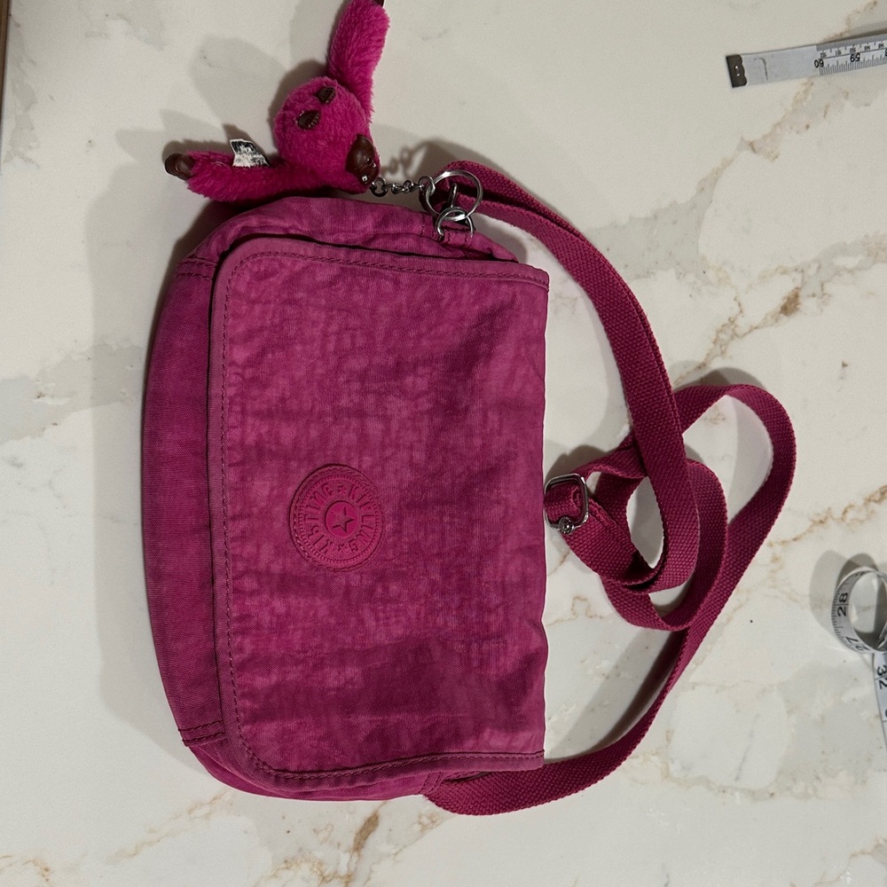 Kipling Magenta Nylon Crossbody Bag with Monkey Charm